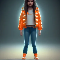 Selena Gomez toddler, full body, dramatic lighting orange puffer jacket, hyper realistic, unreal engine 5,