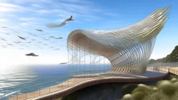 Un pabellón de organismo sintético que se curva como una espina dorsal flexible, compuesto por placas adaptativas que cambian de color según la luz; se sitúa en un acantilado costero con aves marinas en vuelo lejano, bajo un estilo gráfico cercano al futurismo biológico de Moebius mezclado con ilustración científica.