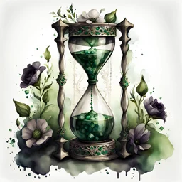 watercolor drawing of a dark Gothic green hourglass with emeralds and flowers and white lace, on a white background, Trending on Artstation, {creative commons}, fanart, AIart, {Woolitize}, by Charlie Bowater, Illustration, Color Grading, Filmic, Nikon D750, Brenizer Method, Side-View, Perspective, Depth of Field, Field of View, F/2.8, Lens Flare, Tonal Colors, 8K, Full-HD, ProPhoto RGB, Perfectionism, Rim Lighting, Natural Lighting, Soft Lighting, Accent Lighting, Diffraction Grading