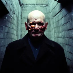 very grainy discolored photo, portrait, dark sewer, grunge, 2000s Russia, punk, outcast, rough, confident, bald older male wearing a coat, extremely pale skin, large flesh bulbs grow out of his face and covering a lot of it, face is disproportionally deformed, hunchback, sewer dweller