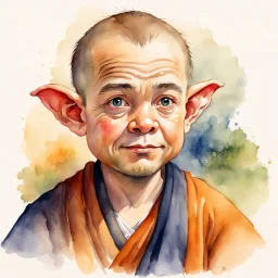 watercolour, illustration, portrait, halfling, western monk