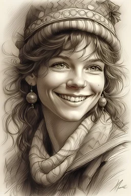 Pencil and charcoal sketch of a portrait of a beautiful smiling young woman in wonderful Christmas clothes, with a disheveled hairstyle, intricate details and bold lines Beautiful, Jean-Baptiste Monge, Modern, Steve Hanks, Josephine Wall, Thomas Wells Schaller, Big brown eyes, Shabby Chic, Watercolor painting, Wide-open dark eyes, Beautiful detailed eyes, pastel patchwork lines, colorful, pen and ink, Maurice Miller and Faiza Magni Карандашный и угольный набросок портрета красивой улыбающейся