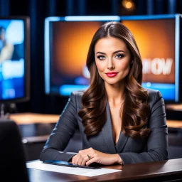 amodern tv studio a beautiful girl perfect face sitting next to desk in talk show looking at camera, with picture of an old man in tv screen at background