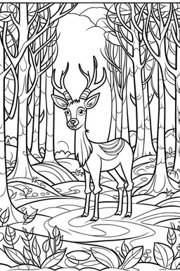 coloring page, deer in the woods, cartoon style, thick lines, low detail, no shading