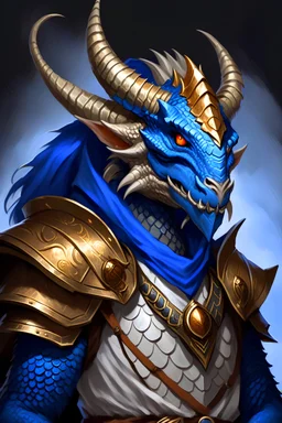 A blue-scaled dragonborn sorcerer with blue eyes, gold horns by TojotheThief