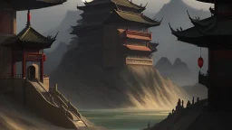 ancient, fantasy, chinese town, dune, crater, sand strom, destroyed chinese houses