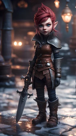 full figure with metallic stone gauntlets holding dark jagged dagger, standing on frozen wet tiled floor outside fantasy tavern, focused female brownie vampire gnome from worms armageddon wearing makeup, bokeh like f/0.8, tilt-shift lens 8k, high detail, smooth render, down-light, unreal engine, prize winning