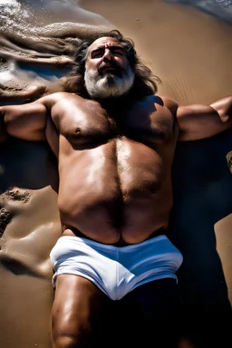 full figure shot photography of a tired strong muscular chubby burly 54 years old ugly arab carpenter, big nose, bullneck, long beard, short hair, shirtless, manly chest, white shorts, bulge, emotive eyes , lying down relaxed belly up, on the beach in the sun, big shoulders, side light, sweat and wet, top view, aerial view