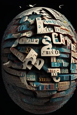 The globe is made of the letters of the English alphabet. The earth is in space and letters are flying around the earth. The letters form the outlines of the globe itself. Letters fly around the globe in a whirlwind. A lot of letters, an abstract composition. Everything is very well drawn. A high-resolution image of 8 K.