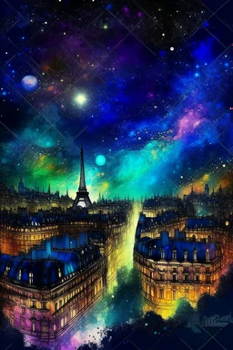 Paris City buildings at night in Abstract Fluid, Galaxy nebula