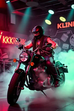 An "hard MC guy" performing at dance club, his name is "Benny" Very hard looking, motorbike Harley davidson on stage, Neon lights and smog, "KUKRUNK" sign on the wall