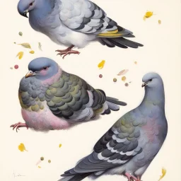 yellow and pink Pigeon. 19th painting