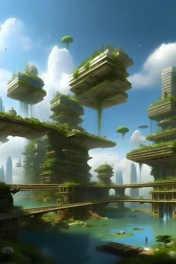 By "megalopolis" we mean a city that covers 70% of a planet, the rest being protected natural parks. Its originality lies in its floating districts, accessible either by gravitational lift, by vehicle or by quantum door. These huge clusters of hustle and bustle are suspended above the rest of the city and natural areas, and generally have their own functions. Overall, the city exudes a sense of aesthetics and the right balance between nature and the city, despite its incredible development. Lik