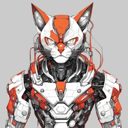 a technical drawing of a cybernetic manga cat man, red, white, black and Orange color