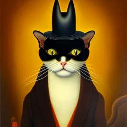 oil painting of a beautiful symmetrical cat with a summer hat, XIX century, classic japanese, by El Bosco 8k