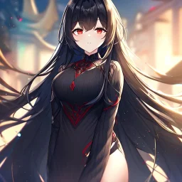 Clear focus, high resolution, black long fluffy hair, red eyes, wearing a detailed outfit