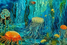 A blue underwater reef with electric jellyfish designed in ancient Greek mosaics painted by Jackson Pollock