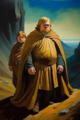 1970's dark fantasy cover dnd style oil painting of a fat obese luke skywalker and obi-wan kenobi with minimalist far perspective