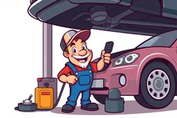 retro cartoon mascot of a vehicle mechanic, under a vehicle doing an oil change, in modern vector