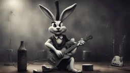 photorealistic deppressed dark melancholic sad Bugs bunny with blackeye deppressed doing music rock and roll dark heavy metal on a scene alcoholic, ciggaretes ciggaretes sad sad sad sad ciggarets