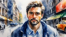 watercolor, portrait of a man in the city, impressionism, alcohol oil painting depicting a city, 32k resolution, hyper-detailed, fine details, fine rendering, airbrush strokes, 8k resolution concept art, hyper-detailed, complex detail