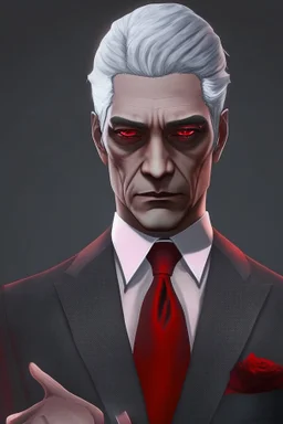 Realistic, red eyes, light skin, short black and gray hair, red earring, suit and tie clothing, gloves on hand