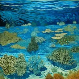 A cerulean shallow, coral-filled shoals designed in ancient Egyptian pottery painted by Vincent van Gogh