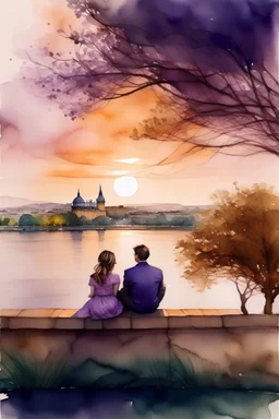 romantic, city panorama vienna, charakterictic architecture, watercolor, two people on bench, sunset, river, big tree, purple, proposal in park