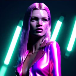 young kate moss, blonde replicant woman, blade runner style, rain, fog, neon ambient, gradient color, clean skin, circuits, latex coat, cyber punk, neon, tubes, portrait, studio photo, unreal engine 5, smooth color, 16 bit, god lights, ray tracing, RTX, lumen lighting, ultra deatail, volumetric lighting, 3d, finely drawn, hd.