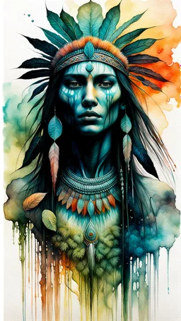 Zdzislaw Beksinski, and Peter Gric style ink wash and watercolors , full body illustration of a beautiful young Native American girl , highly detailed facial features, mixed to anatomical portrait front view, visible plant like skeletal structure, wildly flowing splash colours , 8k octane, all in focus, clean , no grain, ethereal, otherworldly concept art in vibrant natural colors , do not include her face , it should be clean , make the neck shorter and remove the paint on her face