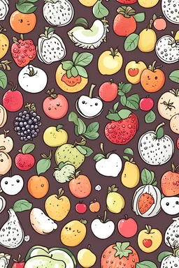 cute cartoon fruits pattern for coloring pages, use only black and white, clear crisp outlines, no black background.