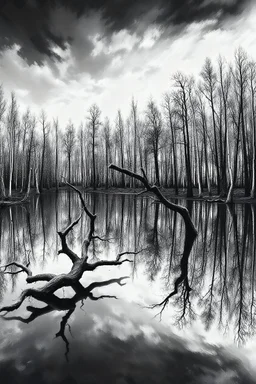 Scary surreal black and white distorted painting of thousands of trees reflecting in a scary lake with distorted reflections in the water with twisted trees dying in the water.