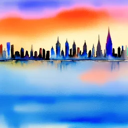 City skyline across the water at sunset watercolor