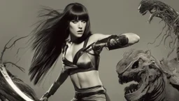 Full-body retro photo of a woman with straight hair and a Fringe, in a fight with a monster, wrapped in tenacles, in an action pose, sci-fi Background