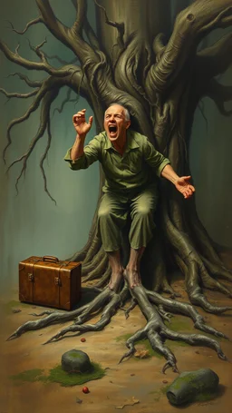 Bosch painting style nightmare, a man with tree roots legs planted in the ground , screaming, beside him an old travelers suitcase , dramatic sad scene, fantasy, scary.