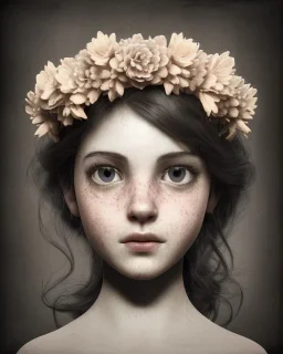 sepia portrait young girl with flower crown sitting on an empty crate, white dress, potholes on road, ramshackle, crow, 8k resolution, high-quality, fine-detail, intricate, digital art, detailed matte, volumetric lighting, dynamic lighting, illustration, 3D octane render, brian froud, howard lyon, selina french, anna dittmann, annie stokes, lisa parker, greg rutowski,