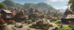 A busy market in a beautiful surreal sunny countryside scene with distant hills, many conjoining intricate characterful dwellings (each with a Solar Panel or small wind turbine on each roof) & a clock-house, pathways & walkways, stairways & bridges, waterfalls & a waterwheel : ultra high detail, photorealistic, epic cinematic, 8K, Large depth of field