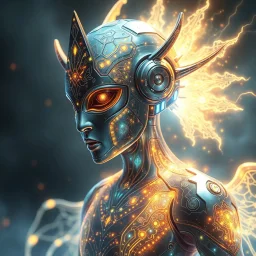A shimmering, ethereal silicon sentinel, guardian of a mythical realm, emanates an otherworldly glow. This fantastical being is depicted in a detailed digital painting, showcasing its intricate circuitry etched in glowing patterns. The image captures every minute detail, from the intricate filigree adorning its metallic surface to the pulsating energy emanating from its core. The colors dance with an intensity that seems to leap off the screen, drawing the viewer into the enchanting world of thi
