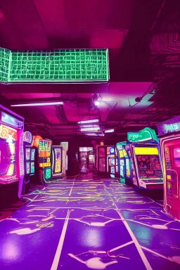 A dark photo an 80's aesthetics arcade at night, with a lot of functioning arcade machines, a vaporwave floor and some colorful tiles in between the floor. Dark Purple Themed, purple aesthetics.