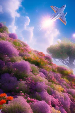 digital illustration, a world full of life divine thrill of biological tranquil sky, flowers, spaceship, , bright color splashes, high detailed 8 k