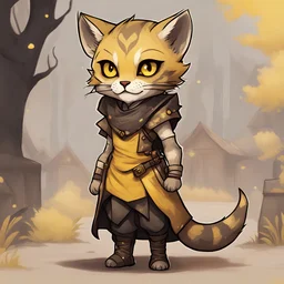 Abizah is a female khajiit with tan fur with brown spots and dressed in a commoners sleeveless leather dress in yellow dark yellow and gray, in chibi art style, background outside