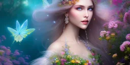 bright fairy, beautiful portrait, flowery landscape