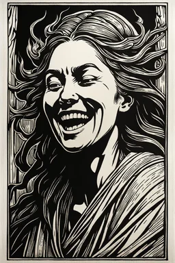 create a deeply powerful evocative, full body woodcut of a laughing and mocking druid maiden girl with finely detailed and deeply cut facial features, in the style of KATHE KOLLWITZ , searing lines and forceful strokes, hyper detailed and precisely cut
