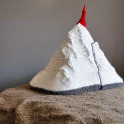 Model of the Matterhorn made of wool knitting, grey and white, mountains in the background