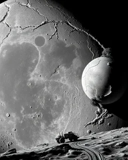 aerial lunar reconnaissance satellite image of a young impact crater with larger regolith along right ride. A damaged metallic alien sphere with fracture lines like an egg. organic growth across regolith and up crater walls. Along the lower frame edge a small modern bare-bones lunar-vehicle sits near the rim with visible wheel tracks. comic pencils