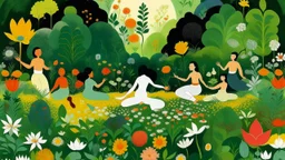 An illustration by Miyazaki and Rothko of of individuals practicing yoga surrounded by blooming flowers and lush vegetation.