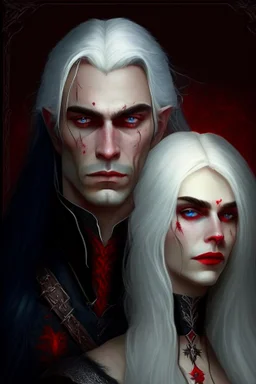 A couple, from the dnd game curse of Strahd. The woman is beautiful, has long white hair and blue eyes, the man has LONG BLACK hair and red eyes, no facial hair.