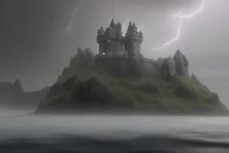 castle on island in ocean and rain and lightning