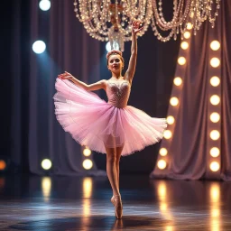 create of a beautiful balerina in pretty clothing in a modern cifi stage in her performance cinamatic lights .