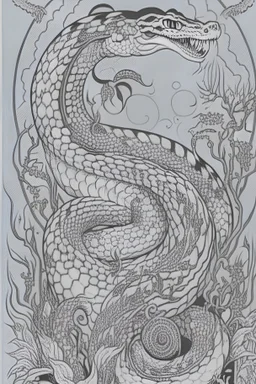 coloring book page of a magical snake, monochrome, black and white, sharp, sketch drawing